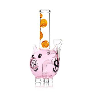 Piggy Bank Bong con cuerpo de cerdito rosa y cuello transparente decorado con monedas