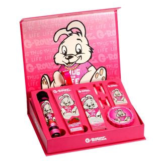 Caja rosa G-Rollz Thug for Life abierta, con conejo ilustrado y accesorios de diseño coordinado