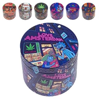 Grinder metálico Rick Amsterdam con polinizador, mostrado en varios diseños multicolor