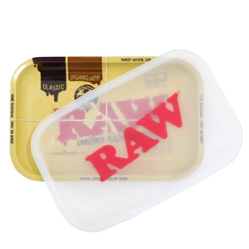 RAW Bandeja Dab con tapa de silicona transparente con logo RAW en rojo sobre bandeja dorada Classic Organic Hemp