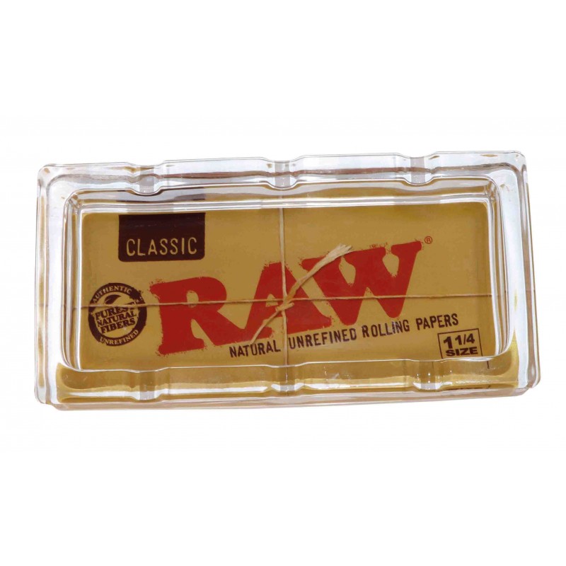 RAW Cenicero Pack Cristal vista superior con diseño RAW Classic 1 1/4 impreso en el fondo