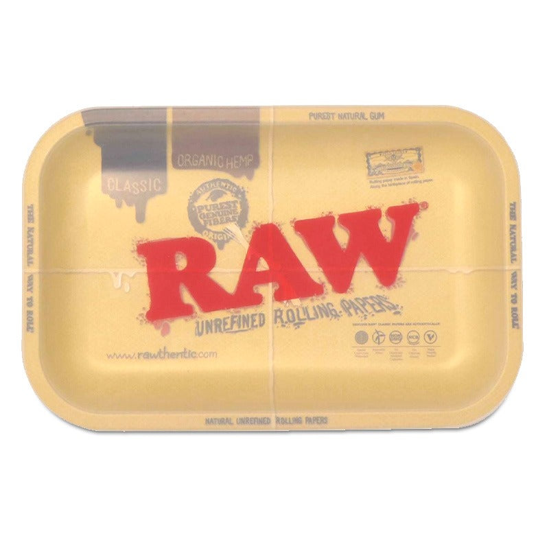 RAW Bandeja Dab vista superior sin tapa mostrando diseño Classic Organic Hemp con logo RAW Unrefined Rolling Papers