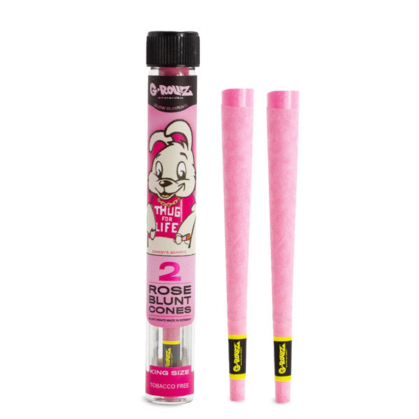Tubo G-Rollz Thug for Life junto a dos conos rosas King Size