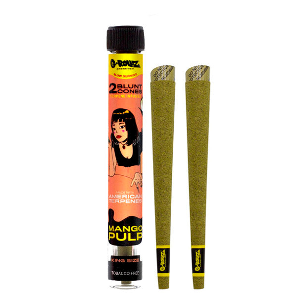 Tubo G-Rollz Mango Pulp junto a dos conos verdes King Size