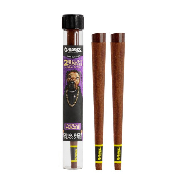 Tubo G-Rollz The Dog Purple Haze junto a dos conos marrones King Size