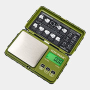 Báscula Tuff Weigh verde abierta, de 200 g y resolución 0,01 g