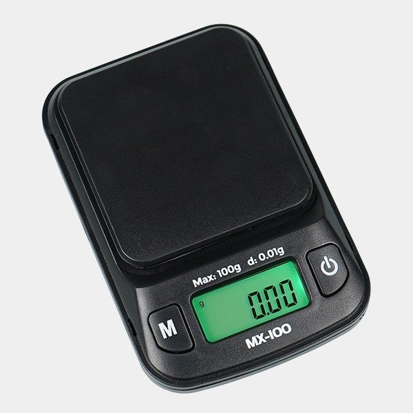 Báscula digital negra Myco MX-100, capacidad 100 g y resolución 0,01 g, con pantalla verde