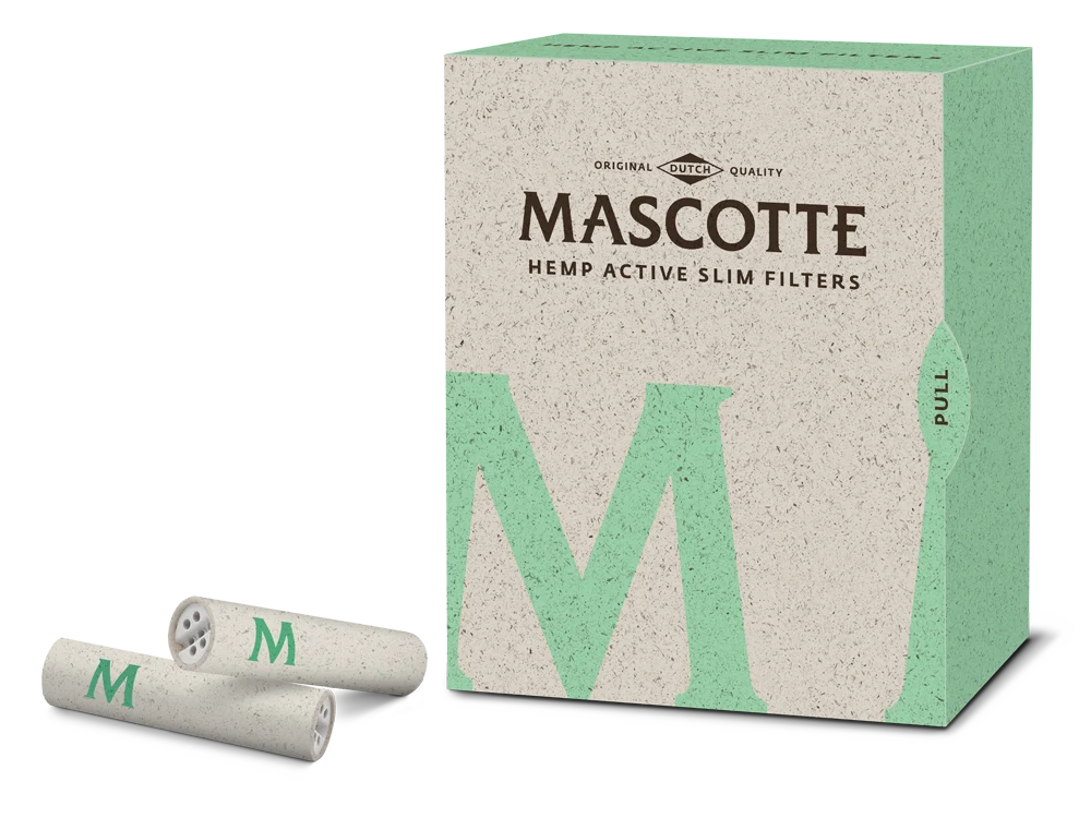 Caja Mascotte Hemp Active Slim Filters con filtros de acabado claro y logotipo verde