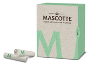 Caja Mascotte Hemp Active Slim Filters con filtros de acabado claro y logotipo verde