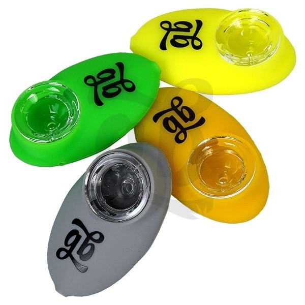 Pipas Pebble Spoon de silicona GB en verde, amarillo, naranja y gris con cazoleta transparente